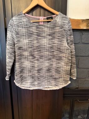 W5 Black & White Textured Crewneck Sweater with Fringe Hem